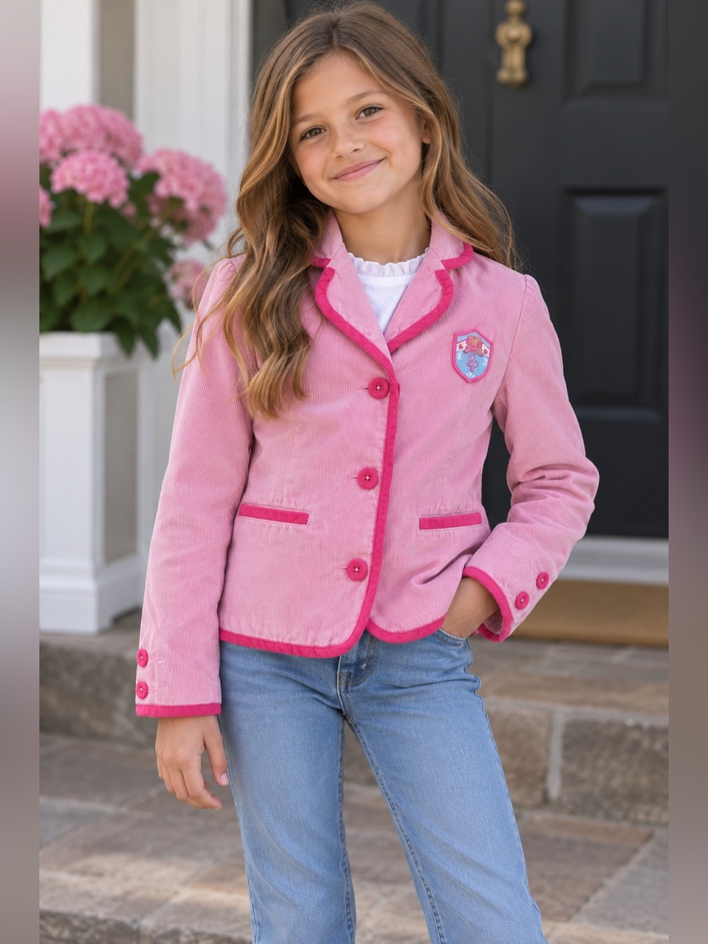 Lilly Pulitzer Pink Corduroy Kids Blazer with Fuchsia Piping Trim and Crest